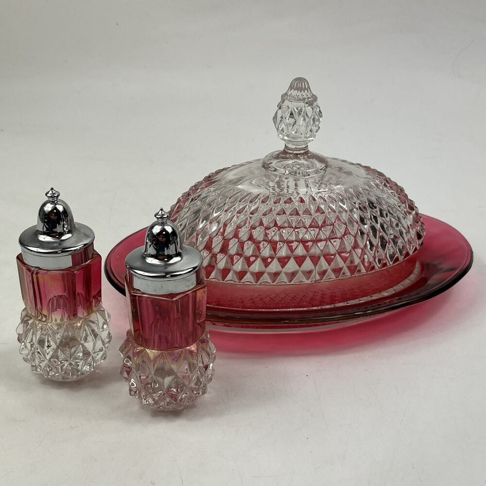 Vtg Indiana Glass Ruby Flash Diamond Point Butter Dish Salt Pepper Shaker Set